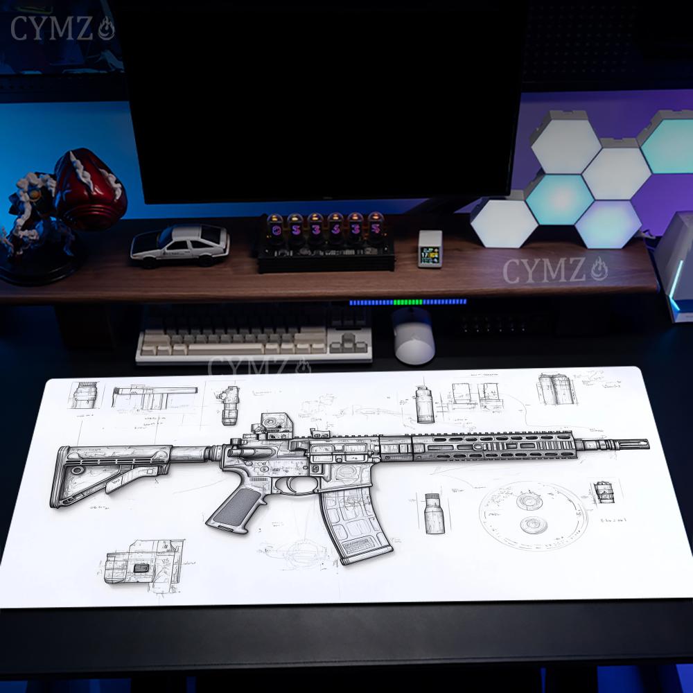 Gaming Accessories Drawing - AR-Gewehr und Teilezeichnungen Großes Mauspad Schreibtischunterlage